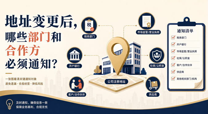 地址变更后，哪些部门和合作方必须通知？